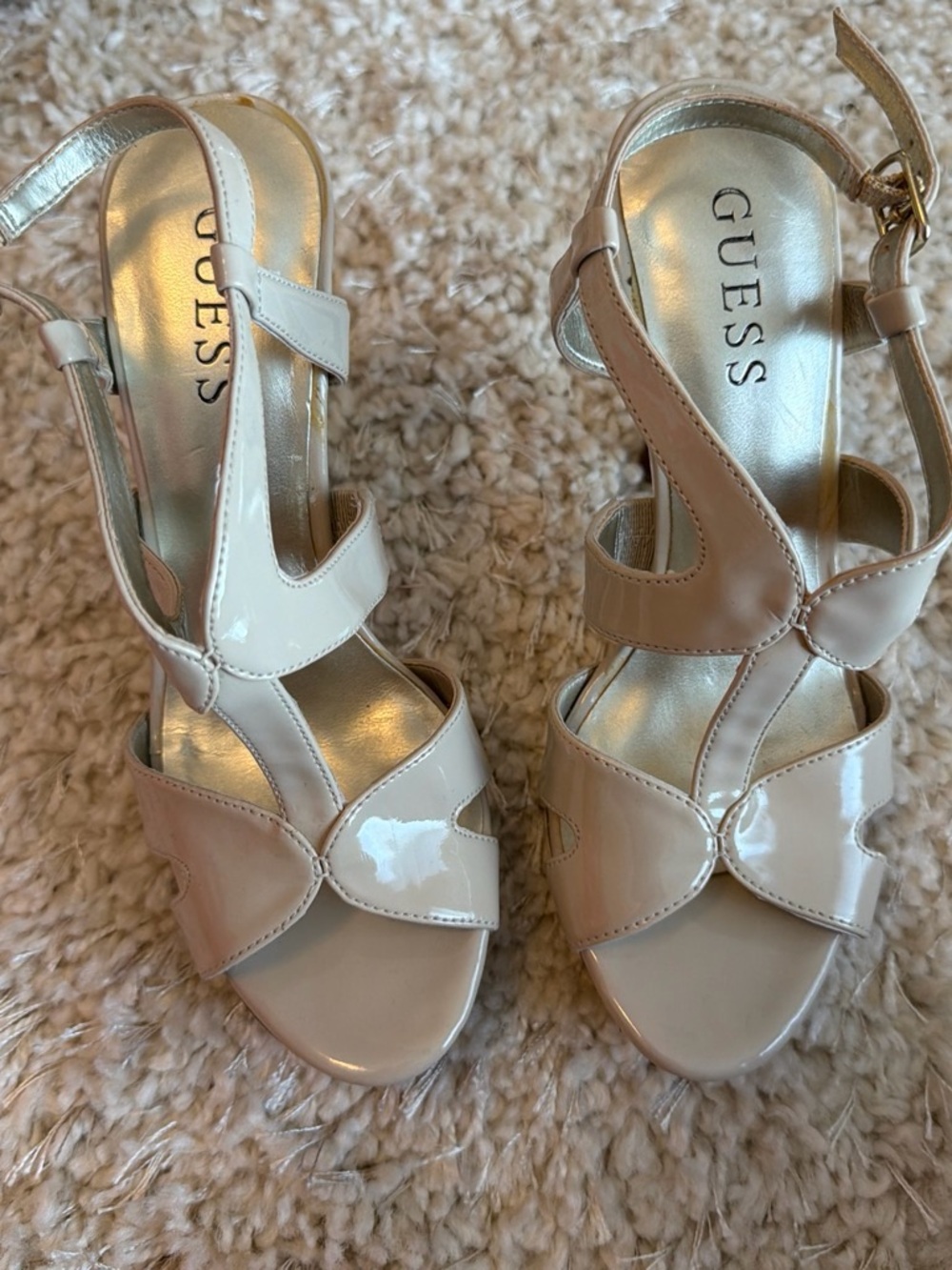 GUESS Women's Cream Patent Leather Strappy Heels